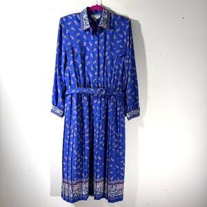 VINTAGE Schrader blue paisley printed belted pleated secretary dress